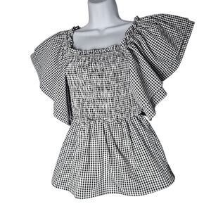 Smocked Gingham Boho Top Black & White Butterfly Sleeve Blouse Size S/M Milkmaid